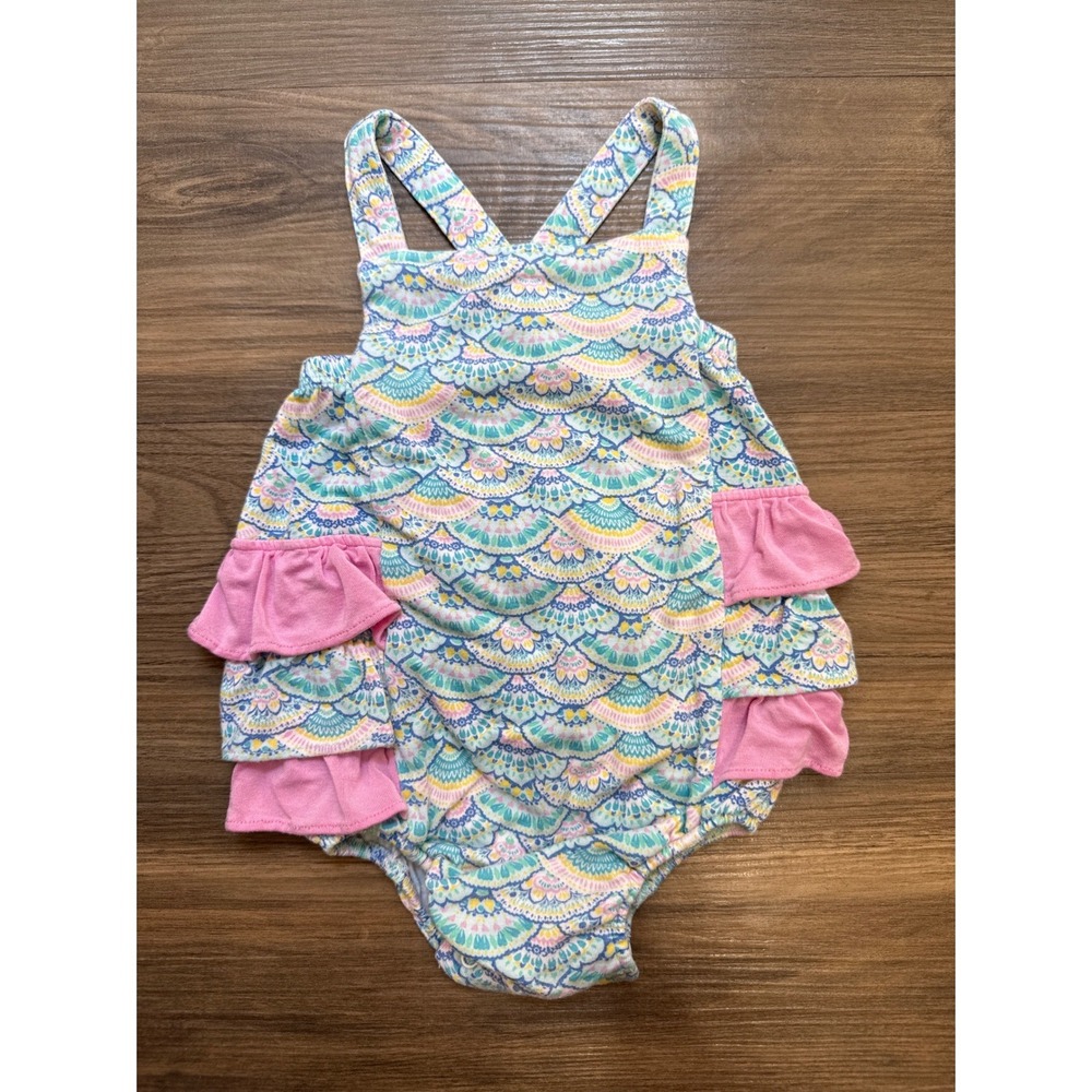 Angel Dear Mermaid Scale Sunsuit Romper Baby 6-12M Pink Blue Ruffle Bamboo‎